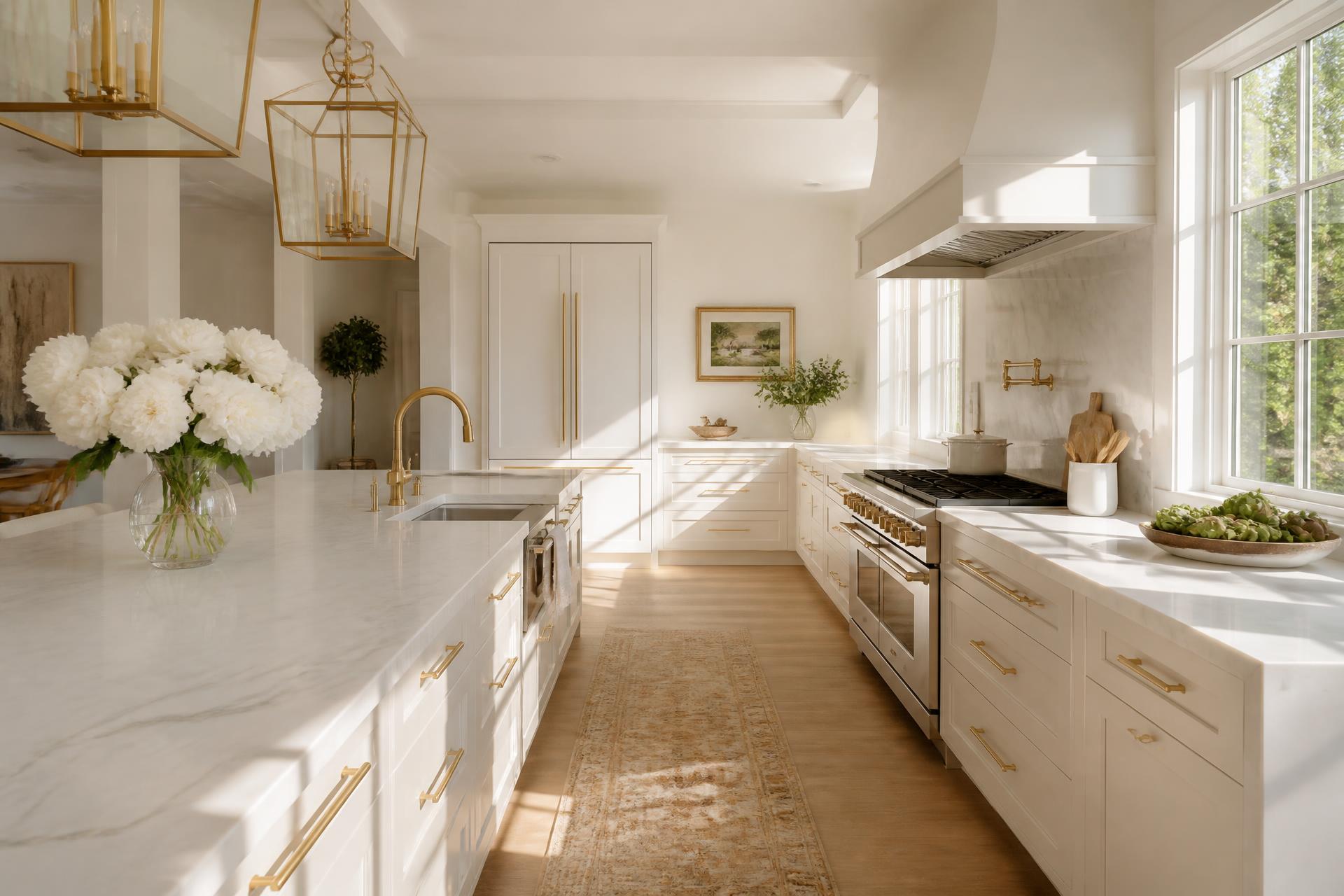 Luxury designer kitchen with marble countertops and gold fixtures